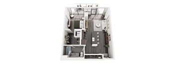 A top-down view of a small apartment with a kitchen, living room, and bathroom.