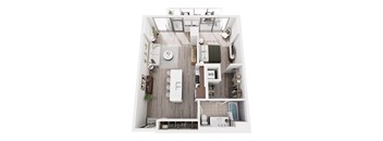 A top down view of a small apartment with a kitchen, living room, and bathroom.