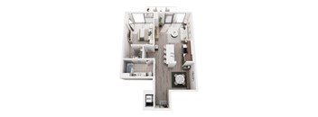 A top down view of a small apartment with a kitchen, living room, and bathroom.