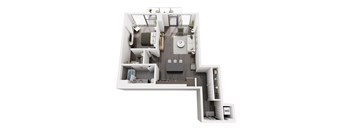 A top down view of a small apartment with a kitchen, living room, and bathroom.
