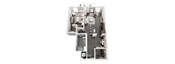A top down view of a small apartment with a kitchen, living room, and bathroom.