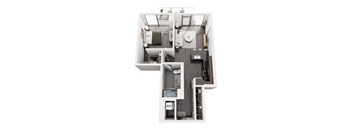 A top down view of a small apartment with a kitchen, living room, and bathroom.