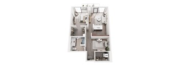 A floor plan of a small apartment with a kitchen, living room, and bathroom.