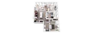 A top down view of a small apartment with a kitchen, living room, and bathroom.