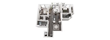 A top-down view of a house layout with a kitchen, living room, and bathroom.
