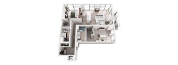 A top down view of a well-organized apartment layout with a kitchen, living room, and bathroom.