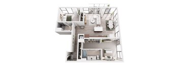 A top down view of a modern apartment layout.