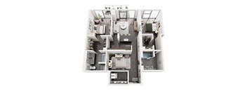 A top down view of a house layout with a kitchen, living room, and bathroom.