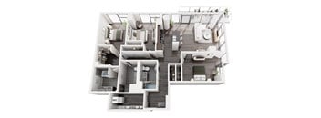 A top-down view of a modern apartment layout with a living room, kitchen, and bedrooms.