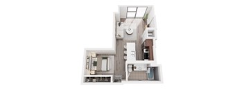 A top down view of a small apartment with a kitchen, bathroom and living room.