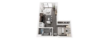 A top-down view of a small apartment with a kitchen, living room, and bathroom.