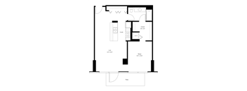 A black and white floor plan of a small apartment with a kitchen, living room, and sleeping area.