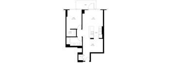 A floor plan of a home with a bedroom, a living room, a kitchen, a work area, and a bathroom.