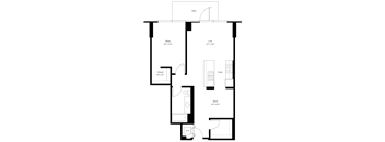 A floor plan of a home with a bedroom, a living area, a kitchen, a work area, and a closet.