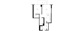 A black and white floor plan of a house with a patio, closet, and kitchen.