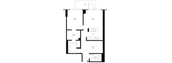 A black and white floor plan of a house with a kitchen, work area, and closet.