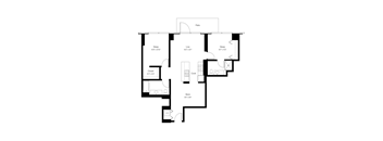 A black and white image of a floor plan for a house with a sleeping area, a living room, a kitchen, a work area, and a closet.