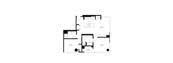 A floor plan of a small apartment with a sleeping area, a living area, and a kitchen.
