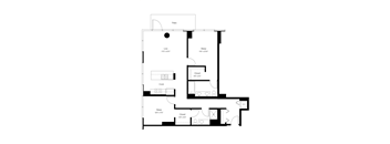 A black and white image of a house floor plan with a patio, two bedrooms, a living room, a kitchen, and a bathroom.