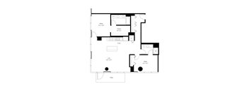 A floor plan of a house with a living room, two bedrooms, a bathroom, and a kitchen.