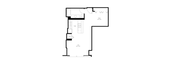 A black and white floor plan of a house with a work area, a kitchen, a living room, and a bathroom.