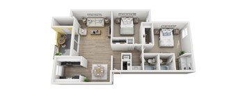 A 3D floor plan of a house with two bedrooms, a living room, a kitchen, and a bathroom.