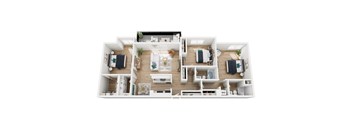 A top-down view of a modern apartment layout with a living room, kitchen, and two bedrooms.