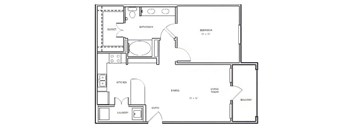 A floor plan of a house with a living room, dining room, kitchen, bathroom, bedroom, balcony, and laundry area.