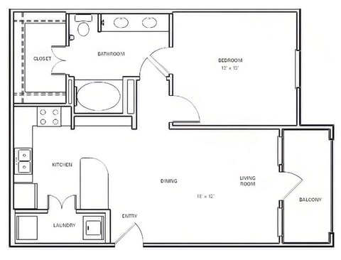 A floor plan of a house with a living room, dining room, kitchen, bathroom, bedroom, balcony, and laundry area.