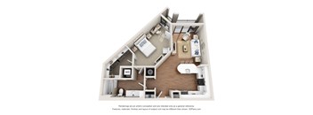 A 3D floor plan of a small apartment with a kitchen, living room, and bedroom.
