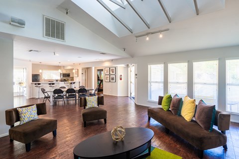 A living room with a brown couch and a coffee table.