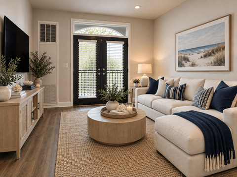 A living room with a white couch, a wooden coffee table, and a painting on the wall.