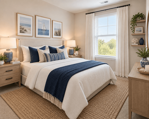A bedroom with a large bed, two lamps, and pictures on the wall.
