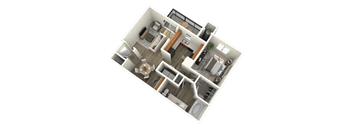 A 3D floor plan of a house showing a kitchen, living room, dining room, and bathrooms.