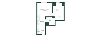 A floor plan of a small apartment with a living/dining room, kitchen, bathroom, and bedroom.