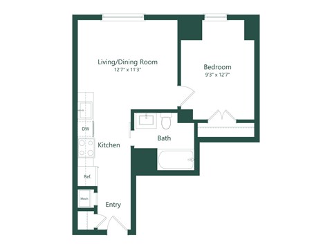 A floor plan of a small apartment with a living/dining room, kitchen, bathroom, and bedroom.
