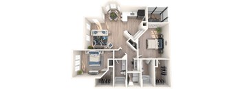 A 3D floor plan of a house with a kitchen, living room, and bedrooms.