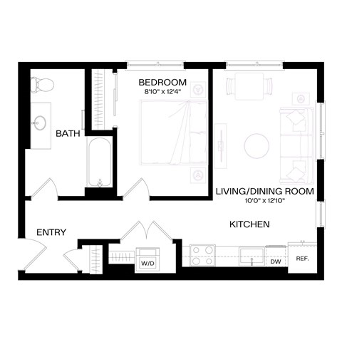 a floor plan of a residence with an open floor plan with a bedroom and bathroom