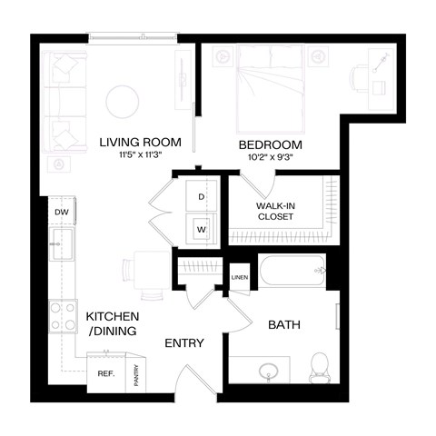 a floor plan of an apartment with a bedroom and a living room