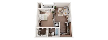 a stylized floor plan with a bedroom and a living room