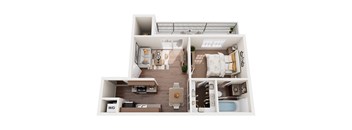a stylized floor plan with a bedroom and a bathroom