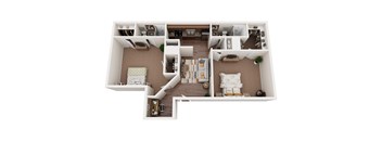 a stylized floor plan with a bedroom and a living room