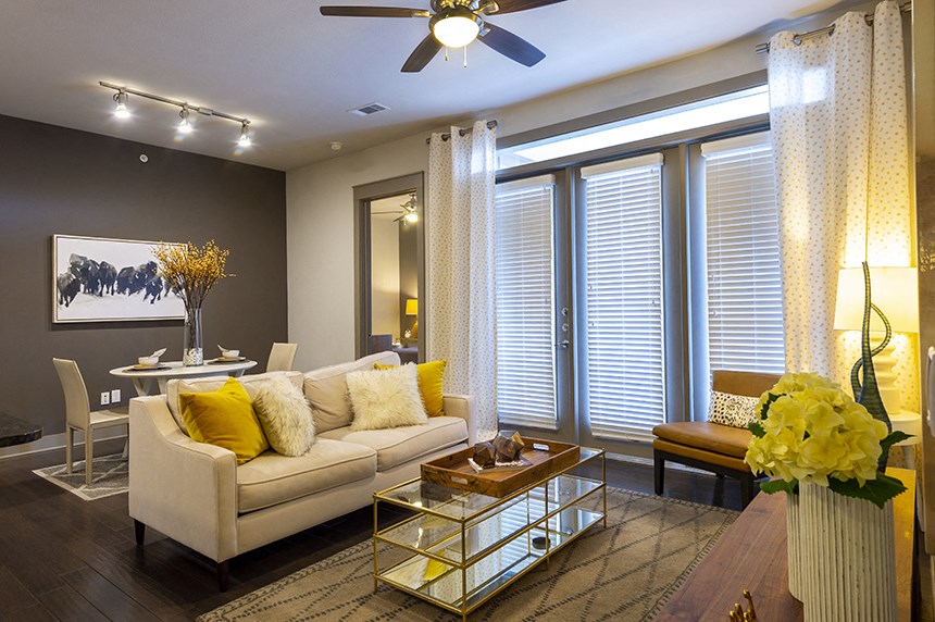 a living room with a couch and a coffee table