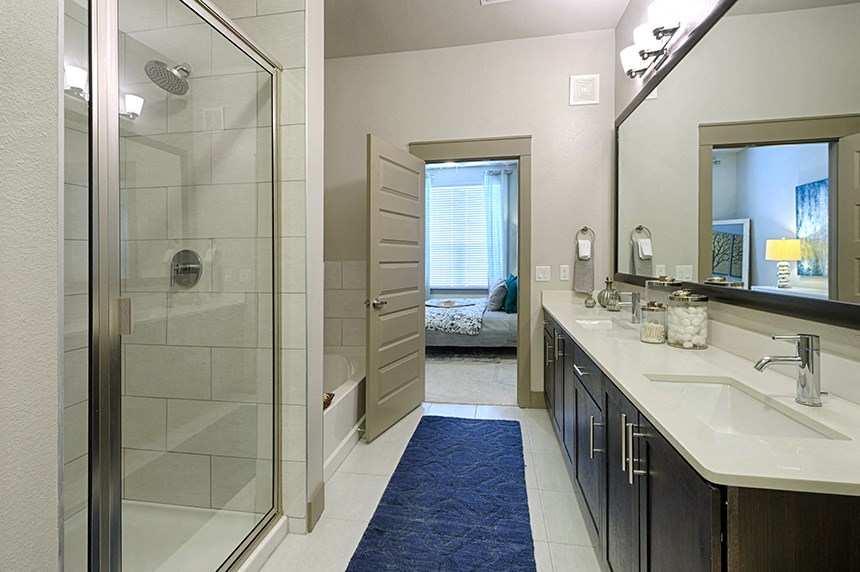a bathroom with a shower and two sinks and a blue rug
