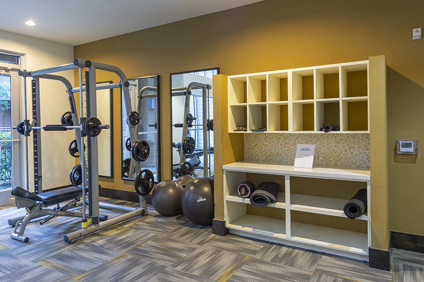 a gym with weights and other exercise equipment at the monarch apartments in midtown