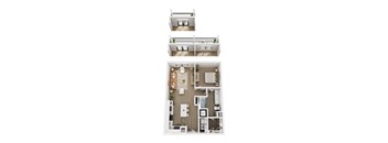A floor plan of a two-story apartment with a living room, kitchen, and bedrooms.