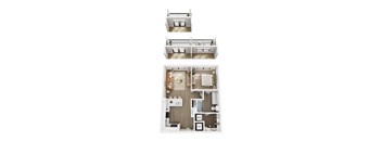 A floor plan of a three-story apartment with a kitchen, living room, and bedrooms.
