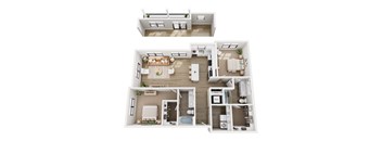 A 3D floor plan of an apartment with a kitchen, living room, two spacious bedrooms and two bathrooms.
