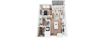 A top down view of a small apartment with a kitchen, living room, and bathroom.