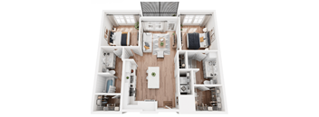 A top-down view of a modern, white-walled, open-plan apartment with a kitchen, dining area, and living room.